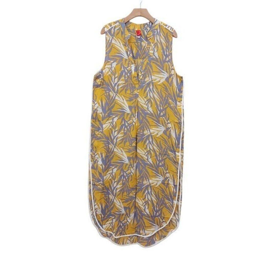 Red Carter Womens Large Yellow Gray Tunic Dress Curvy Hem V-Neck Slits Long